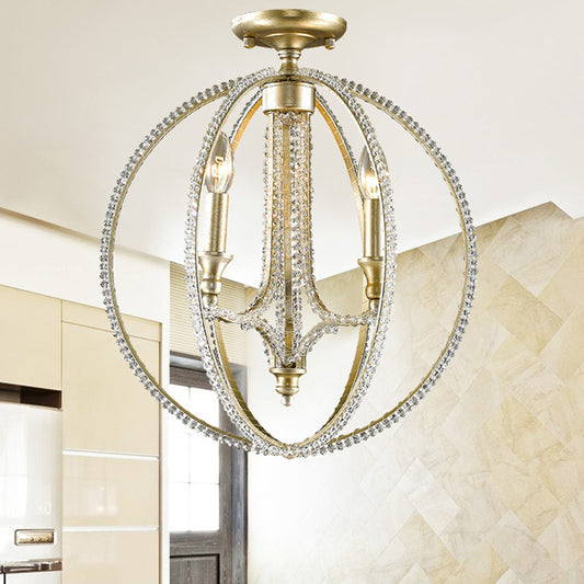 Crystal Gold Finish Semi Flush Lighting Globe 3 Heads Traditional Close to Ceiling Lamp for Living Room Clearhalo 'Ceiling Lights' 'Close To Ceiling Lights' 'Close to ceiling' 'Semi-flushmount' Lighting' 1908894