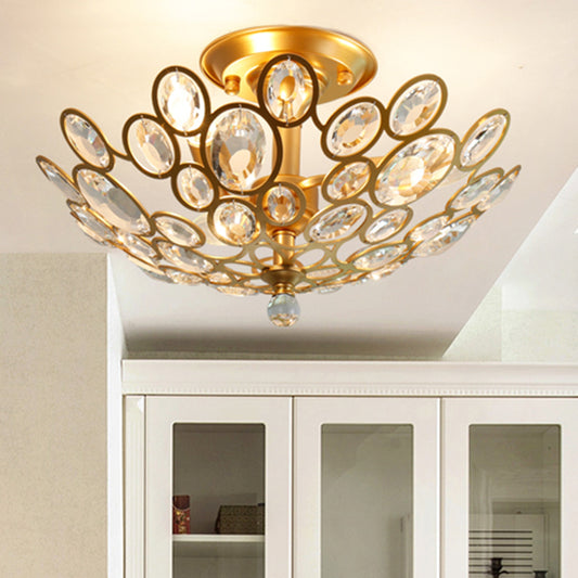 3-Bulb Clear Faceted Crystal Flushmount Retro Silver/Gold Bubble Ring Kitchen Semi Flush Chandelier Lighting Gold Clearhalo 'Ceiling Lights' 'Close To Ceiling Lights' 'Close to ceiling' 'Semi-flushmount' Lighting' 1908900