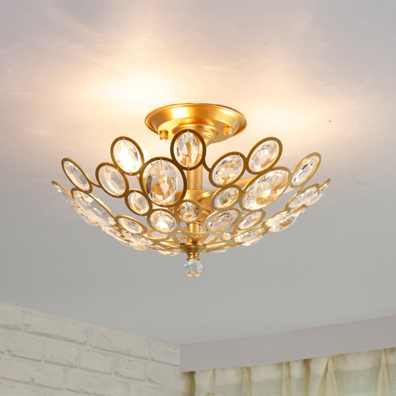 3-Bulb Clear Faceted Crystal Flushmount Retro Silver/Gold Bubble Ring Kitchen Semi Flush Chandelier Lighting Clearhalo 'Ceiling Lights' 'Close To Ceiling Lights' 'Close to ceiling' 'Semi-flushmount' Lighting' 1908901
