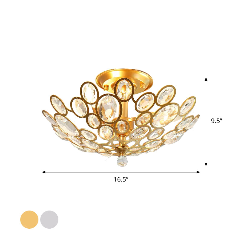 3-Bulb Clear Faceted Crystal Flushmount Retro Silver/Gold Bubble Ring Kitchen Semi Flush Chandelier Lighting Clearhalo 'Ceiling Lights' 'Close To Ceiling Lights' 'Close to ceiling' 'Semi-flushmount' Lighting' 1908903