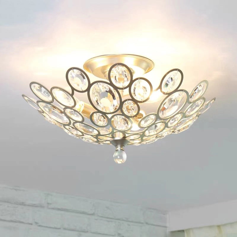 3-Bulb Clear Faceted Crystal Flushmount Retro Silver/Gold Bubble Ring Kitchen Semi Flush Chandelier Lighting Clearhalo 'Ceiling Lights' 'Close To Ceiling Lights' 'Close to ceiling' 'Semi-flushmount' Lighting' 1908905