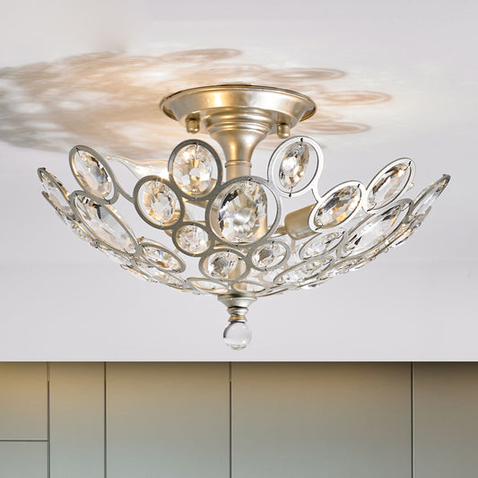 3-Bulb Clear Faceted Crystal Flushmount Retro Silver/Gold Bubble Ring Kitchen Semi Flush Chandelier Lighting Clearhalo 'Ceiling Lights' 'Close To Ceiling Lights' 'Close to ceiling' 'Semi-flushmount' Lighting' 1908906