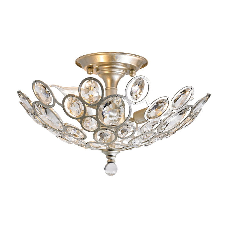 3-Bulb Clear Faceted Crystal Flushmount Retro Silver/Gold Bubble Ring Kitchen Semi Flush Chandelier Lighting Clearhalo 'Ceiling Lights' 'Close To Ceiling Lights' 'Close to ceiling' 'Semi-flushmount' Lighting' 1908907