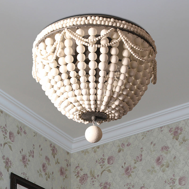 Wood Beaded Dome Flushmount Rustic 3 Bulbs Dining Table Ceiling Mount Chandelier in Pink/White/Blue White Clearhalo 'Ceiling Lights' 'Close To Ceiling Lights' 'Close to ceiling' 'Flush mount' Lighting' 1908909