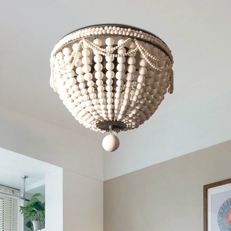 Wood Beaded Dome Flushmount Rustic 3 Bulbs Dining Table Ceiling Mount Chandelier in Pink/White/Blue Clearhalo 'Ceiling Lights' 'Close To Ceiling Lights' 'Close to ceiling' 'Flush mount' Lighting' 1908910