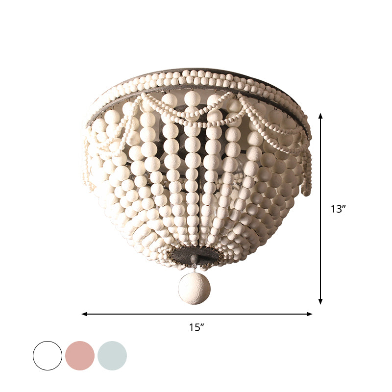 Wood Beaded Dome Flushmount Rustic 3 Bulbs Dining Table Ceiling Mount Chandelier in Pink/White/Blue Clearhalo 'Ceiling Lights' 'Close To Ceiling Lights' 'Close to ceiling' 'Flush mount' Lighting' 1908912