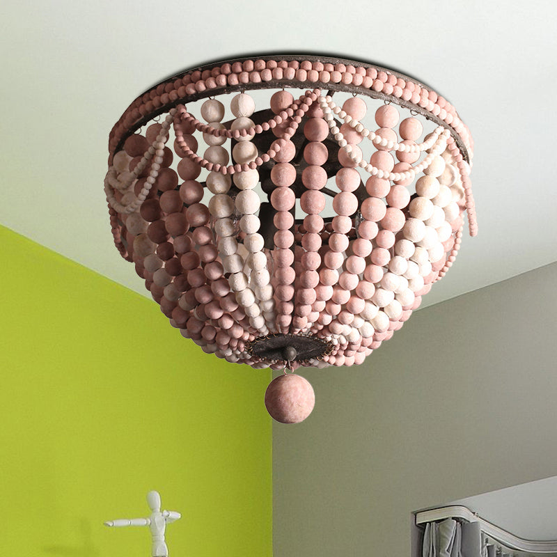 Wood Beaded Dome Flushmount Rustic 3 Bulbs Dining Table Ceiling Mount Chandelier in Pink/White/Blue Pink Clearhalo 'Ceiling Lights' 'Close To Ceiling Lights' 'Close to ceiling' 'Flush mount' Lighting' 1908913