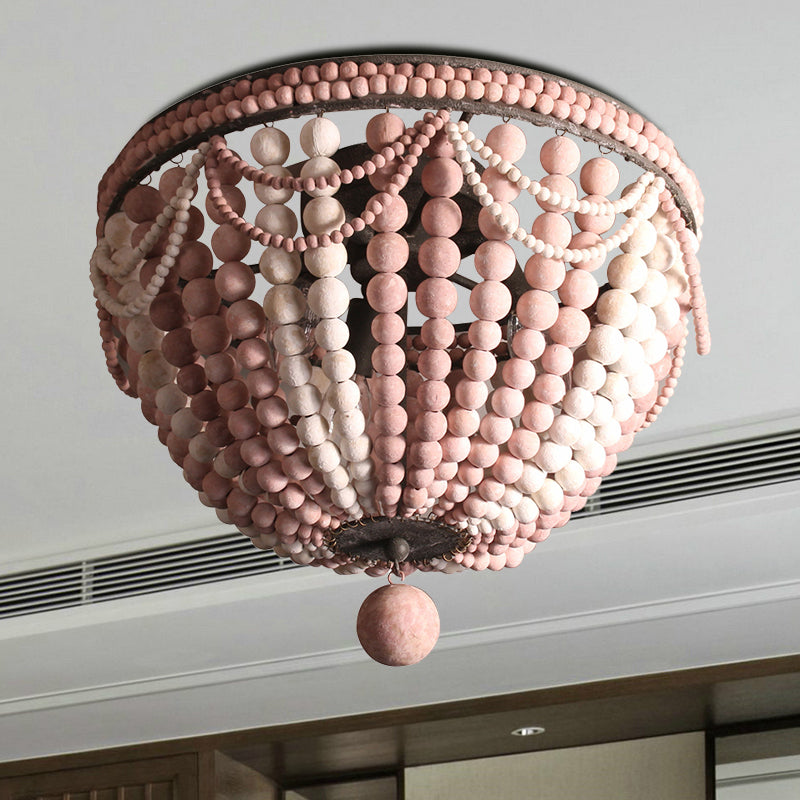 Wood Beaded Dome Flushmount Rustic 3 Bulbs Dining Table Ceiling Mount Chandelier in Pink/White/Blue Clearhalo 'Ceiling Lights' 'Close To Ceiling Lights' 'Close to ceiling' 'Flush mount' Lighting' 1908914