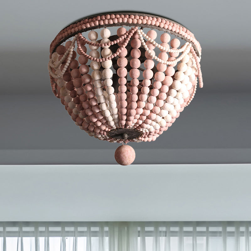 Wood Beaded Dome Flushmount Rustic 3 Bulbs Dining Table Ceiling Mount Chandelier in Pink/White/Blue Clearhalo 'Ceiling Lights' 'Close To Ceiling Lights' 'Close to ceiling' 'Flush mount' Lighting' 1908915