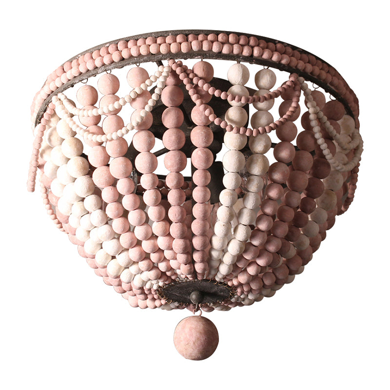 Wood Beaded Dome Flushmount Rustic 3 Bulbs Dining Table Ceiling Mount Chandelier in Pink/White/Blue Clearhalo 'Ceiling Lights' 'Close To Ceiling Lights' 'Close to ceiling' 'Flush mount' Lighting' 1908916