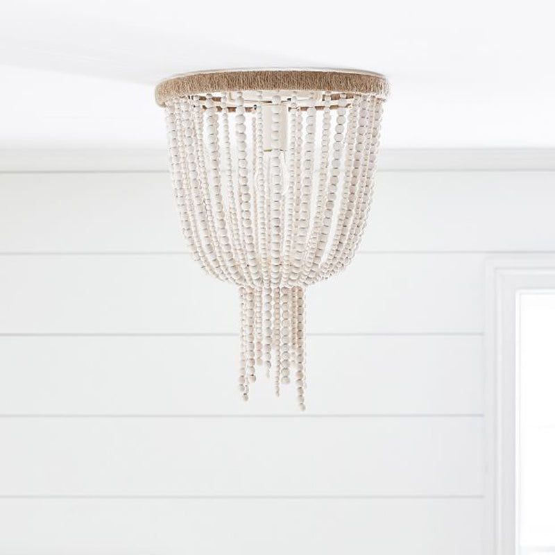 White Bead Chain Flushmount Lighting Traditional Wood 1 Bulb Bedroom Flush Ceiling Lamp Clearhalo 'Ceiling Lights' 'Close To Ceiling Lights' 'Close to ceiling' 'Flush mount' Lighting' 1908921