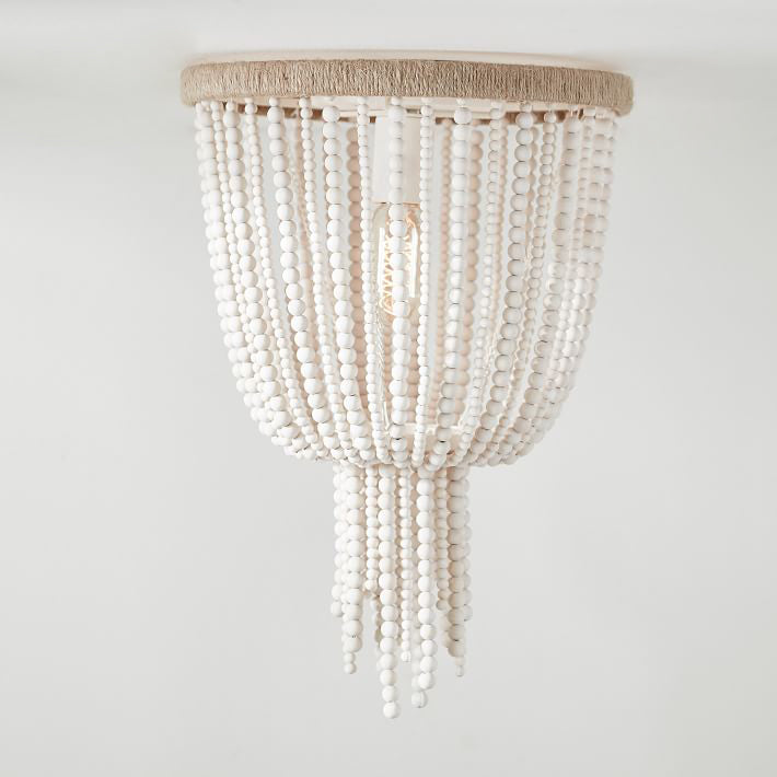 White Bead Chain Flushmount Lighting Traditional Wood 1 Bulb Bedroom Flush Ceiling Lamp Clearhalo 'Ceiling Lights' 'Close To Ceiling Lights' 'Close to ceiling' 'Flush mount' Lighting' 1908924