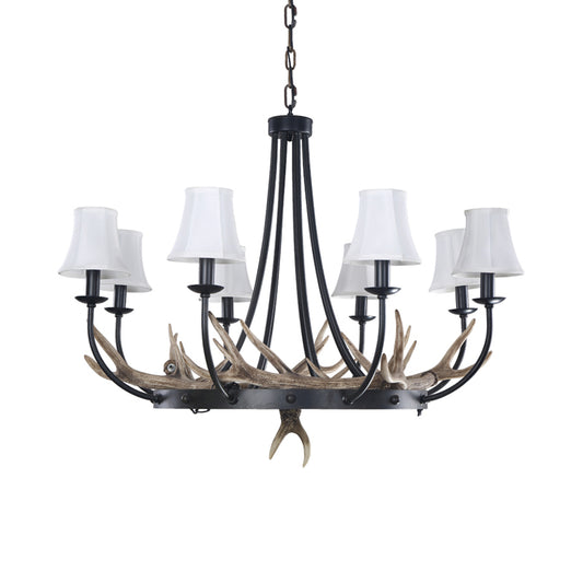 Bend Arm Metallic Hanging Chandelier Countryside 8-Bulb Kitchen Suspension Lamp in Black with Cone White Fabric Shade Clearhalo 'Ceiling Lights' 'Chandeliers' Lighting' options 1908931