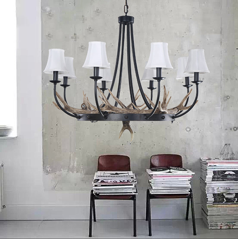 Bend Arm Metallic Hanging Chandelier Countryside 8-Bulb Kitchen Suspension Lamp in Black with Cone White Fabric Shade Clearhalo 'Ceiling Lights' 'Chandeliers' Lighting' options 1908932