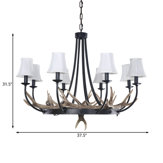 Bend Arm Metallic Hanging Chandelier Countryside 8-Bulb Kitchen Suspension Lamp in Black with Cone White Fabric Shade Clearhalo 'Ceiling Lights' 'Chandeliers' Lighting' options 1908934