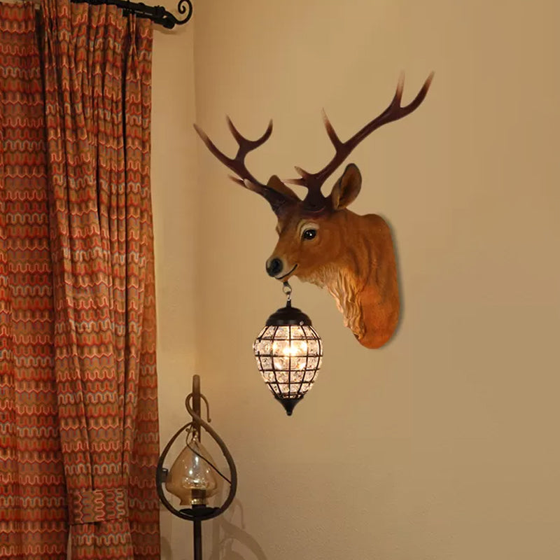 1 Head Wall Sconce Lighting Rustic Elk Resin Wall Mounted Lamp in Brown with Crystal Waterdrop Shade, 14.5"/20" W Brown 20" Clearhalo 'Wall Lamps & Sconces' 'Wall Lights' Lighting' 1908948