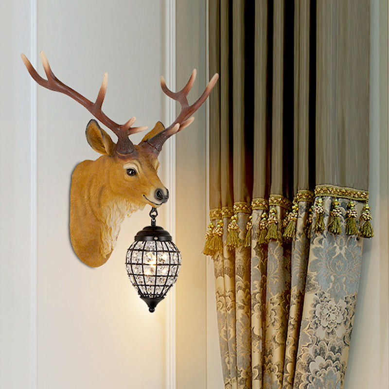 1 Head Wall Sconce Lighting Rustic Elk Resin Wall Mounted Lamp in Brown with Crystal Waterdrop Shade, 14.5"/20" W Brown 14.5" Clearhalo 'Wall Lamps & Sconces' 'Wall Lights' Lighting' 1908949
