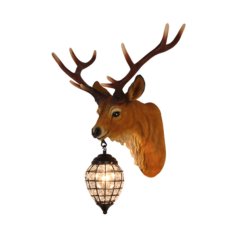 1 Head Wall Sconce Lighting Rustic Elk Resin Wall Mounted Lamp in Brown with Crystal Waterdrop Shade, 14.5"/20" W Clearhalo 'Wall Lamps & Sconces' 'Wall Lights' Lighting' 1908951