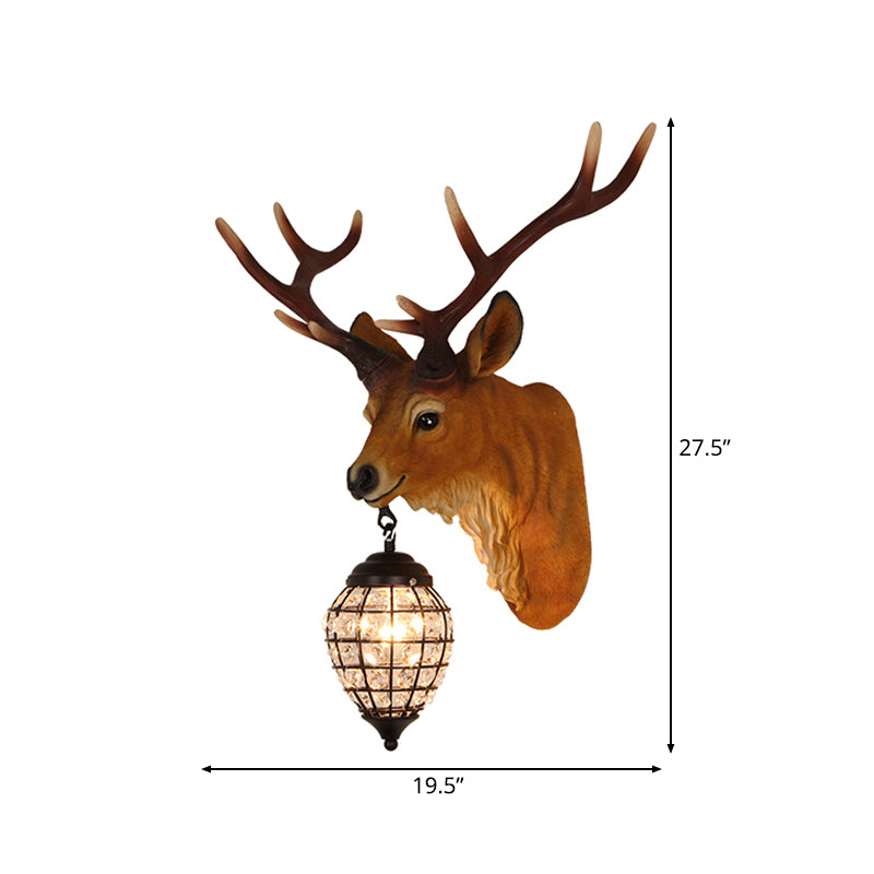1 Head Wall Sconce Lighting Rustic Elk Resin Wall Mounted Lamp in Brown with Crystal Waterdrop Shade, 14.5"/20" W Clearhalo 'Wall Lamps & Sconces' 'Wall Lights' Lighting' 1908953