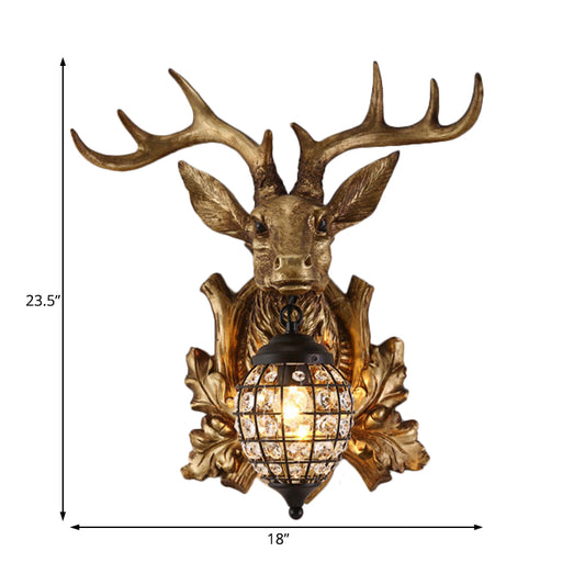 Ellipsoid Cage Beveled Crystal Sconce Farmhouse 12"/18" W 1 Head Living Room Wall Mount Lighting with Gold Antler Backplate Clearhalo 'Wall Lamps & Sconces' 'Wall Lights' Lighting' 1908969