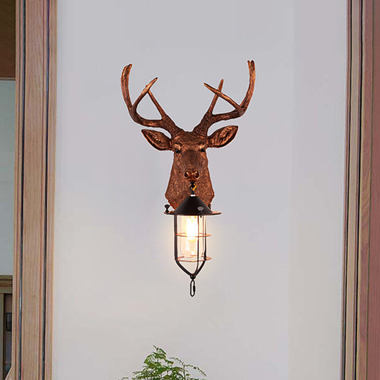 Brown 1 Bulb Wall Mount Lighting Vintage Resin Deer-Head Wall Lamp Sconce with Cage Clearhalo 'Wall Lamps & Sconces' 'Wall Lights' Lighting' 1909013