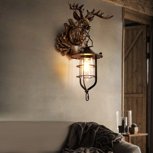 Iron Wire Cage Sconce Countryside 1 Light Living Room Wall Lighting in Black with Resin Deer Head Backplate Clearhalo 'Wall Lamps & Sconces' 'Wall Lights' Lighting' 1909025