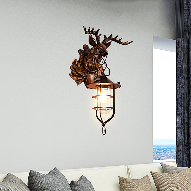 Iron Wire Cage Sconce Countryside 1 Light Living Room Wall Lighting in Black with Resin Deer Head Backplate Black Clearhalo 'Wall Lamps & Sconces' 'Wall Lights' Lighting' 1909026