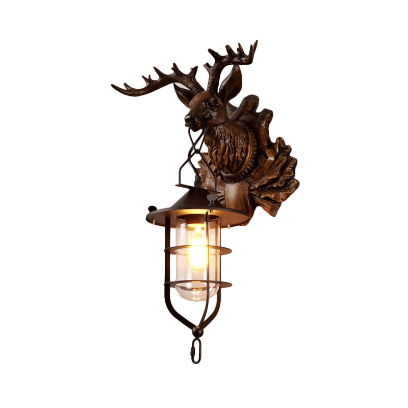 Iron Wire Cage Sconce Countryside 1 Light Living Room Wall Lighting in Black with Resin Deer Head Backplate Clearhalo 'Wall Lamps & Sconces' 'Wall Lights' Lighting' 1909027