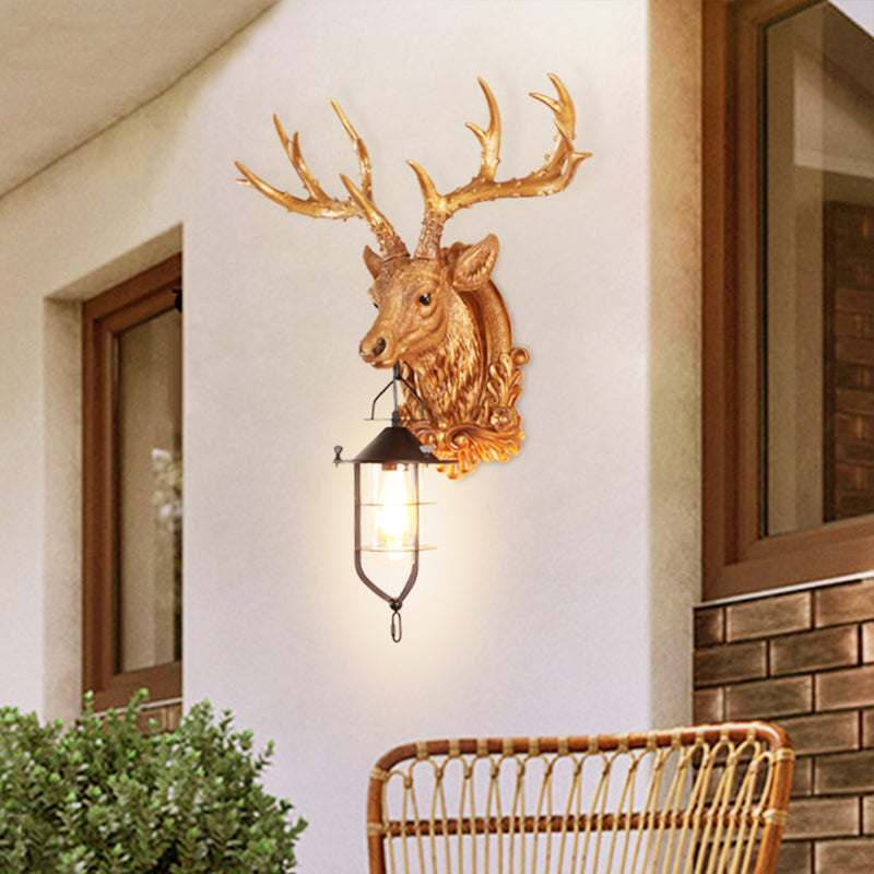 1-Light Resin Wall Light Sconce Rural Brown Elk Head Courtyard Wall Lamp Fixture with Cage Clearhalo 'Wall Lamps & Sconces' 'Wall Lights' Lighting' 1909030