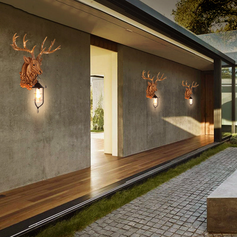 1-Light Resin Wall Light Sconce Rural Brown Elk Head Courtyard Wall Lamp Fixture with Cage Brown Clearhalo 'Wall Lamps & Sconces' 'Wall Lights' Lighting' 1909031