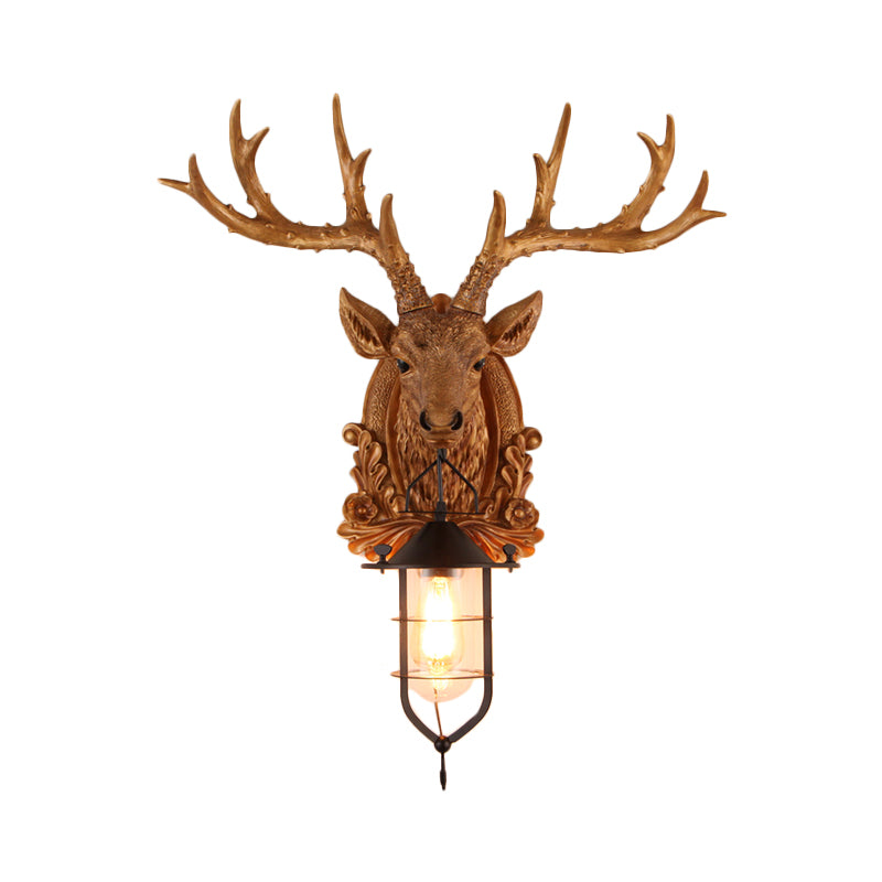 1-Light Resin Wall Light Sconce Rural Brown Elk Head Courtyard Wall Lamp Fixture with Cage Clearhalo 'Wall Lamps & Sconces' 'Wall Lights' Lighting' 1909032