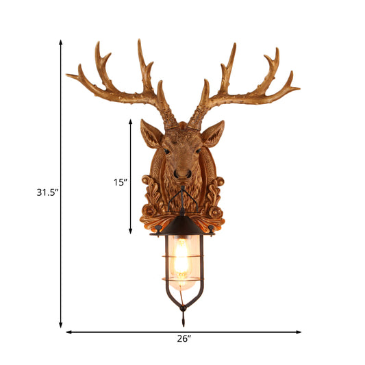 1-Light Resin Wall Light Sconce Rural Brown Elk Head Courtyard Wall Lamp Fixture with Cage Clearhalo 'Wall Lamps & Sconces' 'Wall Lights' Lighting' 1909033