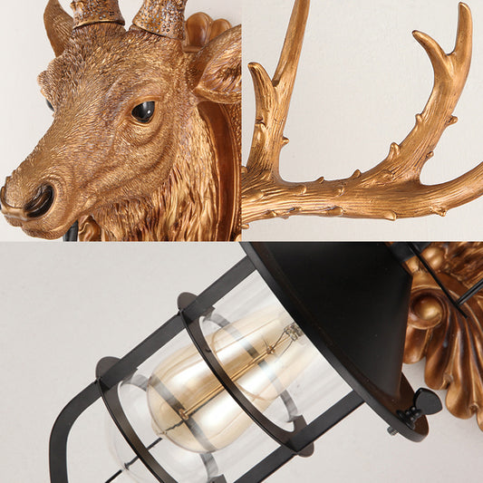 1-Light Resin Wall Light Sconce Rural Brown Elk Head Courtyard Wall Lamp Fixture with Cage Clearhalo 'Wall Lamps & Sconces' 'Wall Lights' Lighting' 1909034