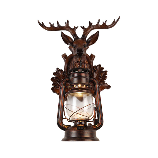 Single Flameless Kerosene Wall Lamp Rustic Style Brown/Bronze Transparent Glass Sconce with Resin Faux Elk Backplate Clearhalo 'Wall Lamps & Sconces' 'Wall Lights' Lighting' 1909047