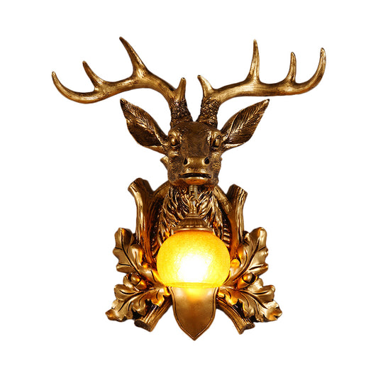 Dome Amber Glass Sconce Lighting Rural 1 Head Sitting Room Wall Mount Lamp with Gold Deer Head Backplate, 12"/19.5" Wide Clearhalo 'Wall Lamps & Sconces' 'Wall Lights' Lighting' 1909066