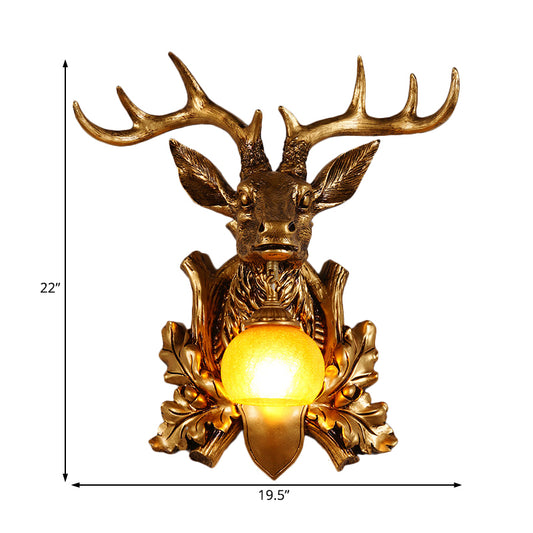 Dome Amber Glass Sconce Lighting Rural 1 Head Sitting Room Wall Mount Lamp with Gold Deer Head Backplate, 12"/19.5" Wide Clearhalo 'Wall Lamps & Sconces' 'Wall Lights' Lighting' 1909067