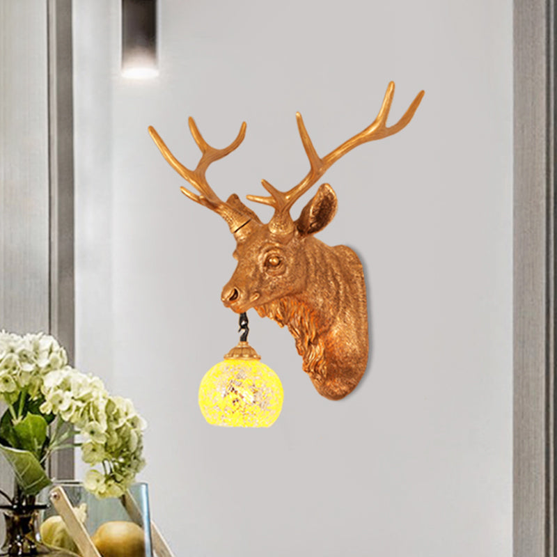 Yellow Crackle Glass Globe Wall Light Rustic Single Dining Table Sconce Lamp with Gold Elk Backplate, 14.5"/19.5"/25.5" Wide Clearhalo 'Wall Lamps & Sconces' 'Wall Lights' Lighting' 1909070