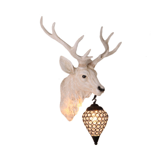 Teardrop Beveled Crystal Wall Lighting Country 15"/20.5"/24.5" Wide 1 Head Bedroom Sconce Lamp with Deer Head in White/Yellow/Gold Clearhalo 'Wall Lamps & Sconces' 'Wall Lights' Lighting' 1909093