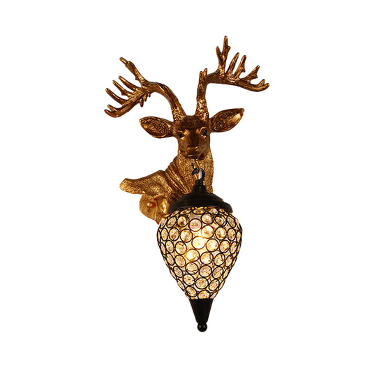 Sika Deer Head Dinette Sconce Ideas Countryside Resin Single Gold Wall Lamp Fixture with Teardrop Crystal Shade, Left/Right Clearhalo 'Wall Lamps & Sconces' 'Wall Lights' Lighting' 1909099