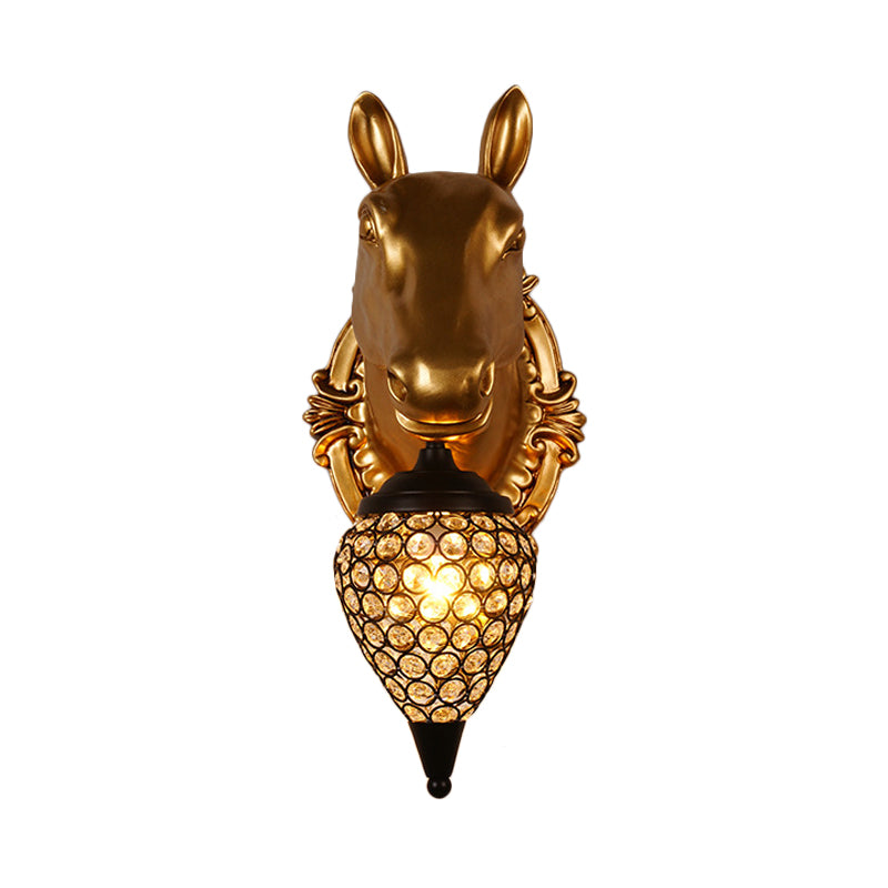 1 Head Faceted Crystal Wall Mounted Light Rustic Black Raindrop Bedside Sconce Lamp with Brown Horse/Deer Head Clearhalo 'Wall Lamps & Sconces' 'Wall Lights' Lighting' 1909106