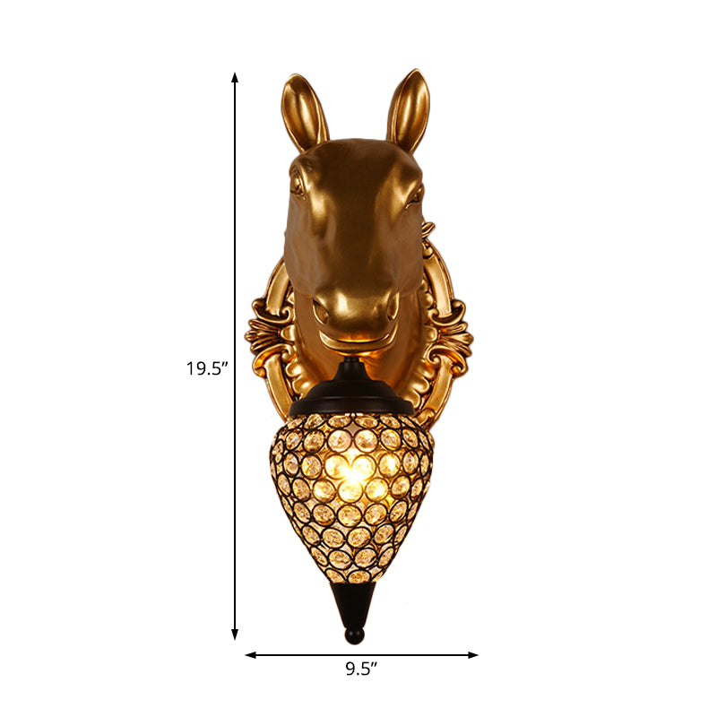 1 Head Faceted Crystal Wall Mounted Light Rustic Black Raindrop Bedside Sconce Lamp with Brown Horse/Deer Head Clearhalo 'Wall Lamps & Sconces' 'Wall Lights' Lighting' 1909107