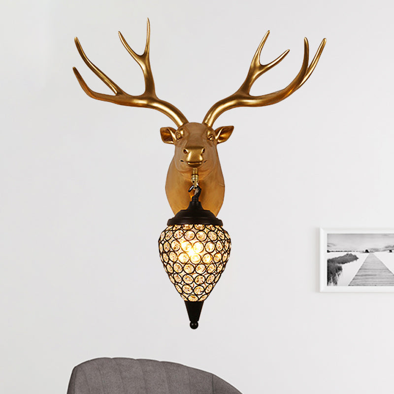 1 Head Faceted Crystal Wall Mounted Light Rustic Black Raindrop Bedside Sconce Lamp with Brown Horse/Deer Head Brown Deer Clearhalo 'Wall Lamps & Sconces' 'Wall Lights' Lighting' 1909108