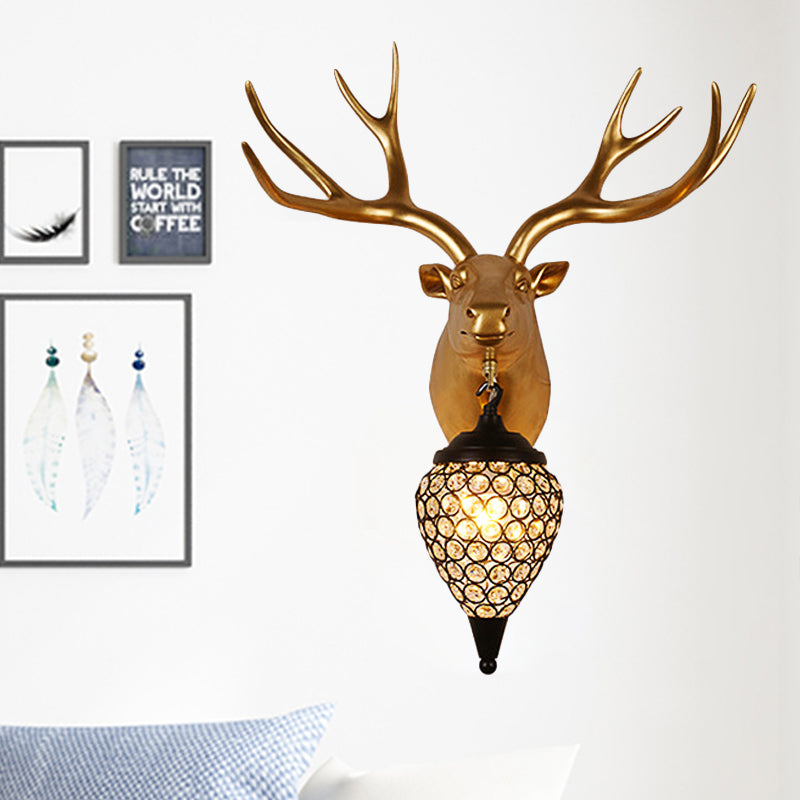 1 Head Faceted Crystal Wall Mounted Light Rustic Black Raindrop Bedside Sconce Lamp with Brown Horse/Deer Head Clearhalo 'Wall Lamps & Sconces' 'Wall Lights' Lighting' 1909109