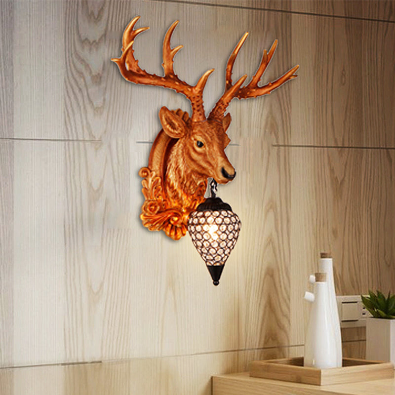 13"/26" W Single Resin Wall Light Fixture Country White/Yellow/Gold Deer Head Living Room Sconce Lamp with Teardrop Crystal Shade Clearhalo 'Wall Lamps & Sconces' 'Wall Lights' Lighting' 1909112