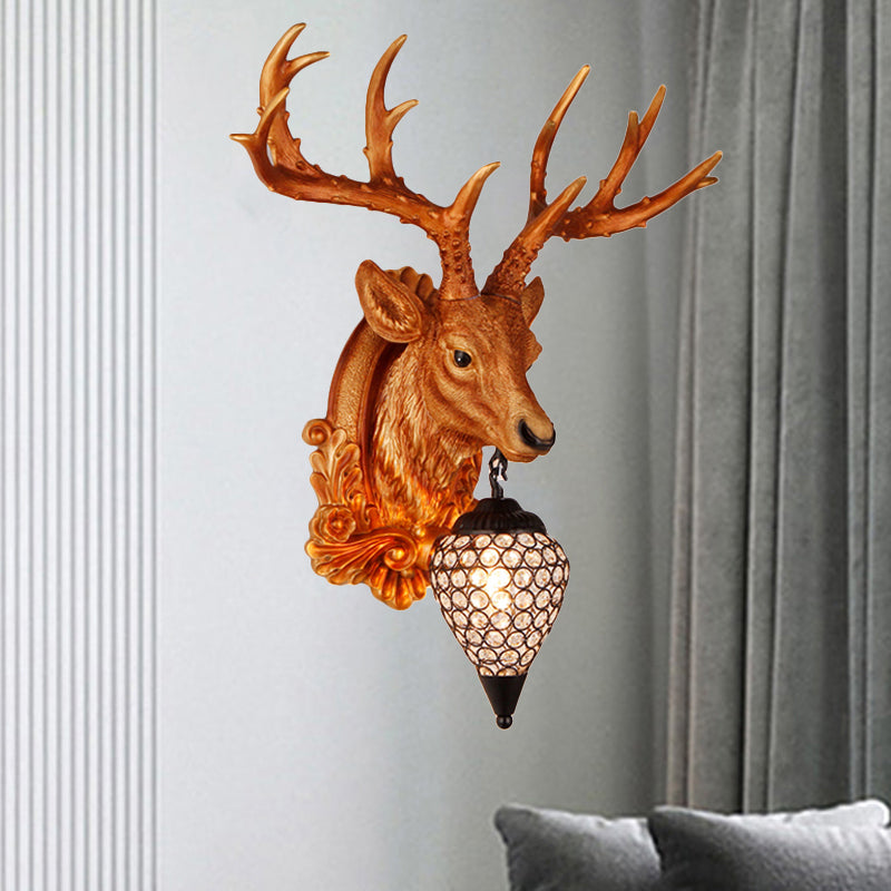 13"/26" W Single Resin Wall Light Fixture Country White/Yellow/Gold Deer Head Living Room Sconce Lamp with Teardrop Crystal Shade Gold Clearhalo 'Wall Lamps & Sconces' 'Wall Lights' Lighting' 1909113