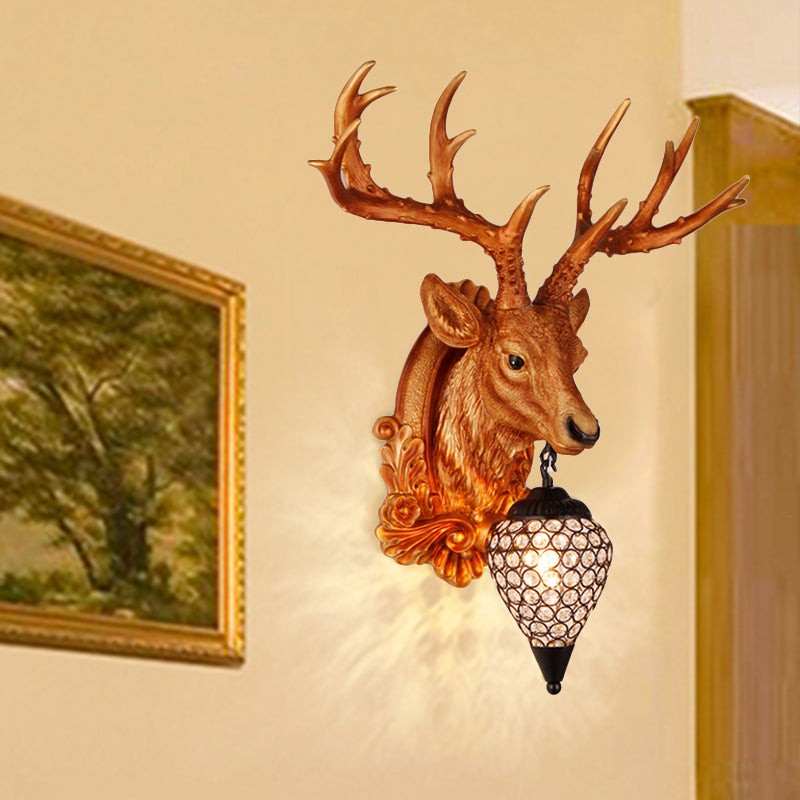 13"/26" W Single Resin Wall Light Fixture Country White/Yellow/Gold Deer Head Living Room Sconce Lamp with Teardrop Crystal Shade Clearhalo 'Wall Lamps & Sconces' 'Wall Lights' Lighting' 1909114