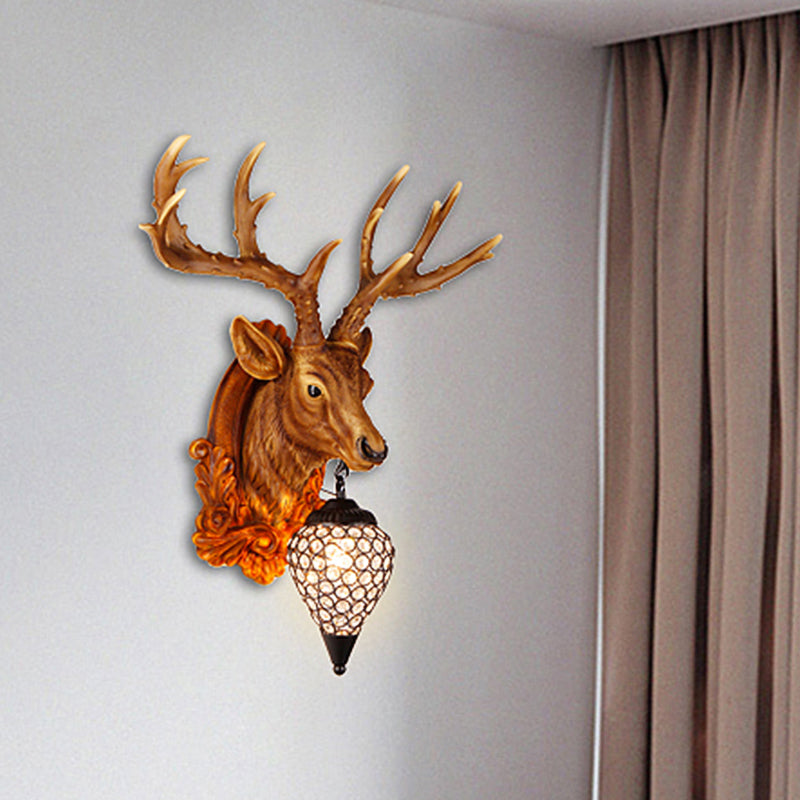 13"/26" W Single Resin Wall Light Fixture Country White/Yellow/Gold Deer Head Living Room Sconce Lamp with Teardrop Crystal Shade Brown Clearhalo 'Wall Lamps & Sconces' 'Wall Lights' Lighting' 1909117