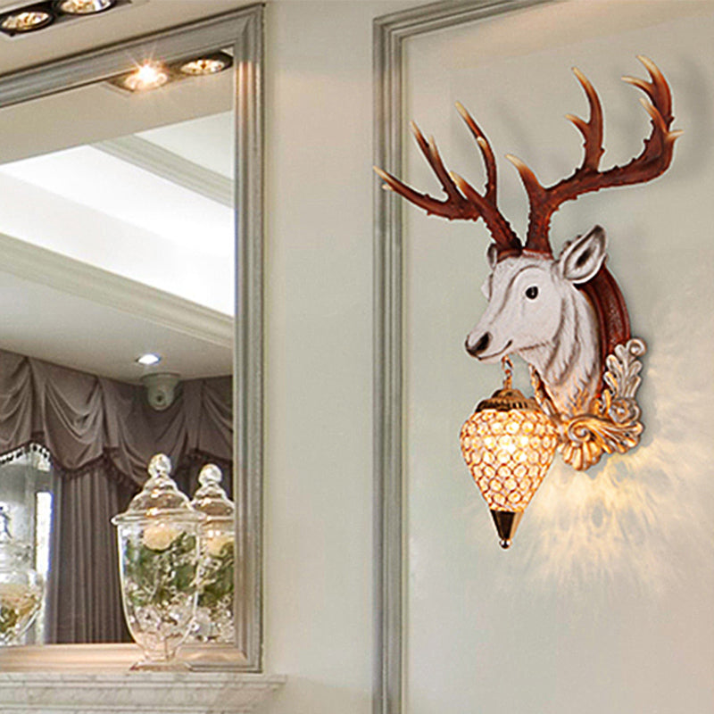 13"/26" W Single Resin Wall Light Fixture Country White/Yellow/Gold Deer Head Living Room Sconce Lamp with Teardrop Crystal Shade Clearhalo 'Wall Lamps & Sconces' 'Wall Lights' Lighting' 1909121