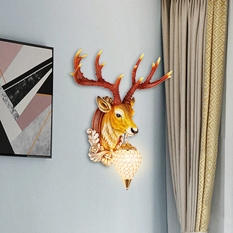 13"/26" W Single Resin Wall Light Fixture Country White/Yellow/Gold Deer Head Living Room Sconce Lamp with Teardrop Crystal Shade Yellow Clearhalo 'Wall Lamps & Sconces' 'Wall Lights' Lighting' 1909126