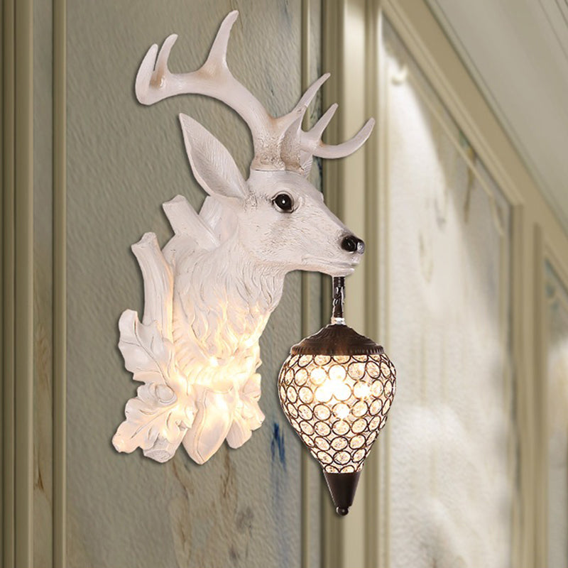 White Elk Wall Light Sconce Rural Resin 12"/20"/28" Wide Single Indoor Lighting Fixture with Drop Crystal Shade Clearhalo 'Wall Lamps & Sconces' 'Wall Lights' Lighting' 1909129